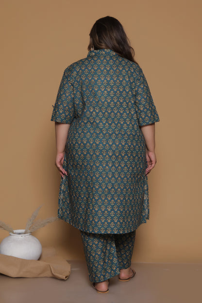 FLORAL BUTA PRINT COTTON 2 PEICE KURTA PANT IN BOTTLEGREEN/MUSTURD BY PLUSSIZEKURTI
