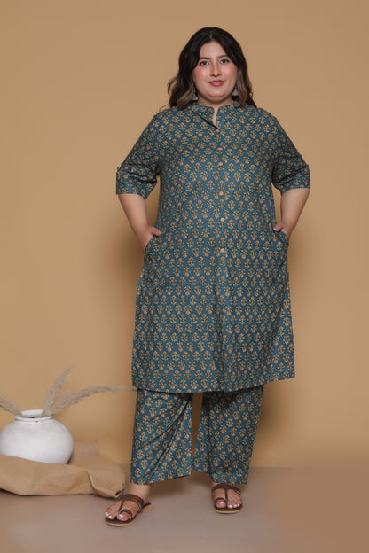 FLORAL BUTA PRINT COTTON 2 PEICE KURTA PANT IN BOTTLEGREEN/MUSTURD BY PLUSSIZEKURTI