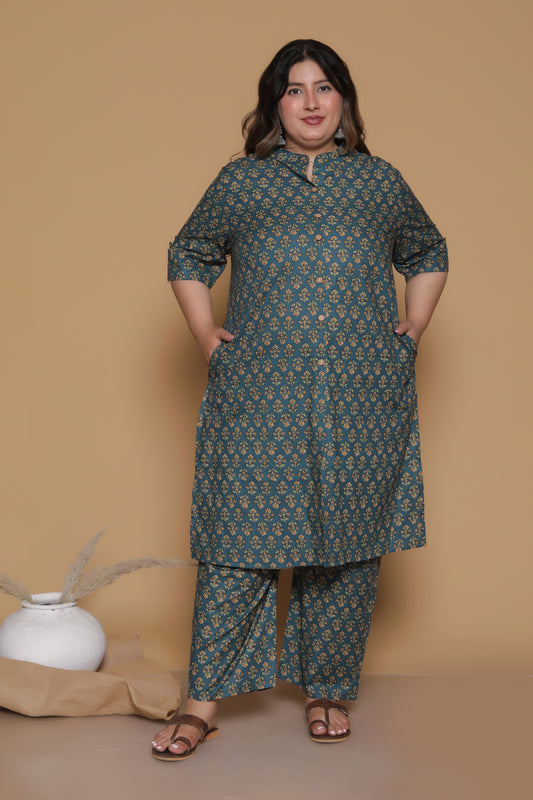 FLORAL BUTA PRINT COTTON 2 PEICE KURTA PANT IN BOTTLEGREEN/MUSTURD BY PLUSSIZEKURTI