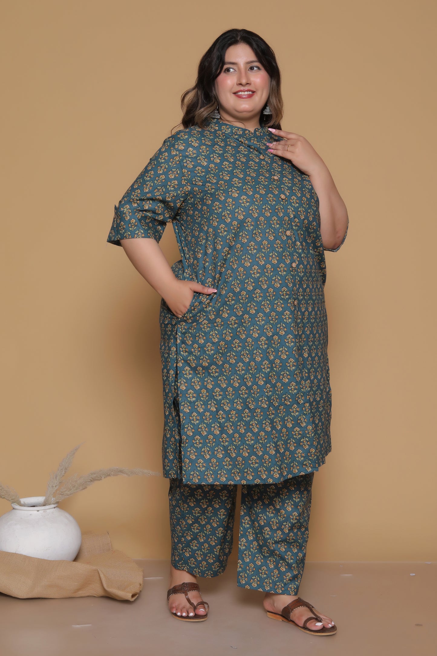 FLORAL BUTA PRINT COTTON 2 PEICE KURTA PANT IN BOTTLEGREEN/MUSTURD BY PLUSSIZEKURTI