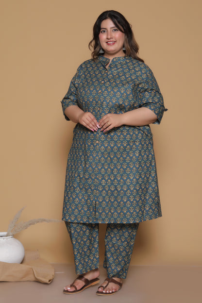 FLORAL BUTA PRINT COTTON 2 PEICE KURTA PANT IN BOTTLEGREEN/MUSTURD BY PLUSSIZEKURTI