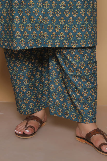 FLORAL BUTA PRINT COTTON 2 PEICE KURTA PANT IN BOTTLEGREEN/MUSTURD BY PLUSSIZEKURTI