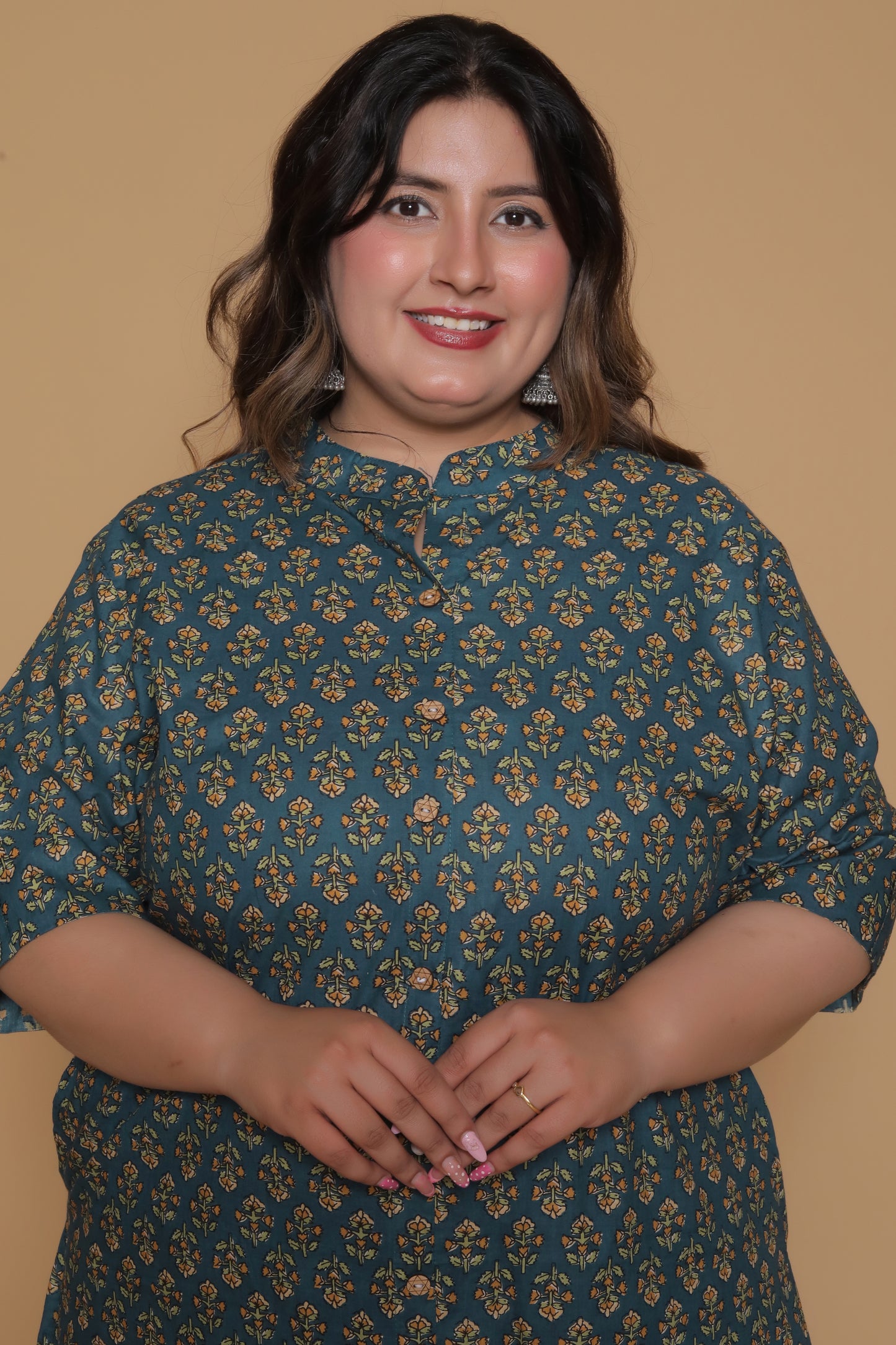 FLORAL BUTA PRINT COTTON 2 PEICE KURTA PANT IN BOTTLEGREEN/MUSTURD BY PLUSSIZEKURTI