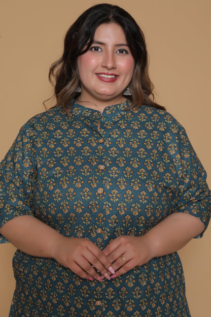 FLORAL BUTA PRINT COTTON 2 PEICE KURTA PANT IN BOTTLEGREEN/MUSTURD BY PLUSSIZEKURTI