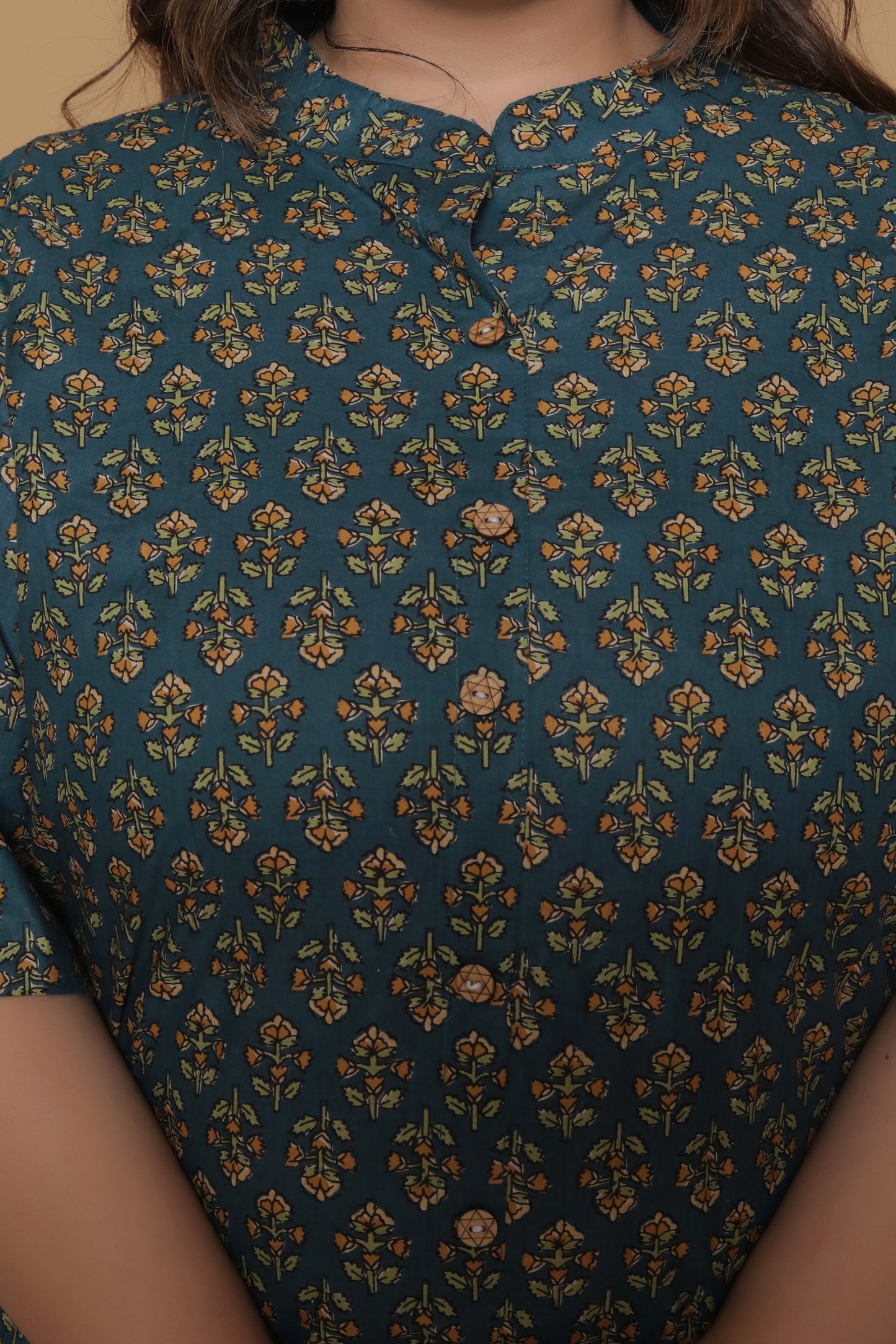 FLORAL BUTA PRINT COTTON 2 PEICE KURTA PANT IN BOTTLEGREEN/MUSTURD BY PLUSSIZEKURTI