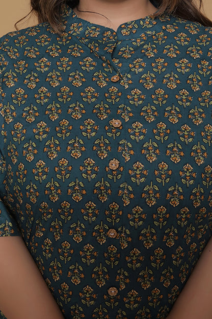 FLORAL BUTA PRINT COTTON 2 PEICE KURTA PANT IN BOTTLEGREEN/MUSTURD BY PLUSSIZEKURTI