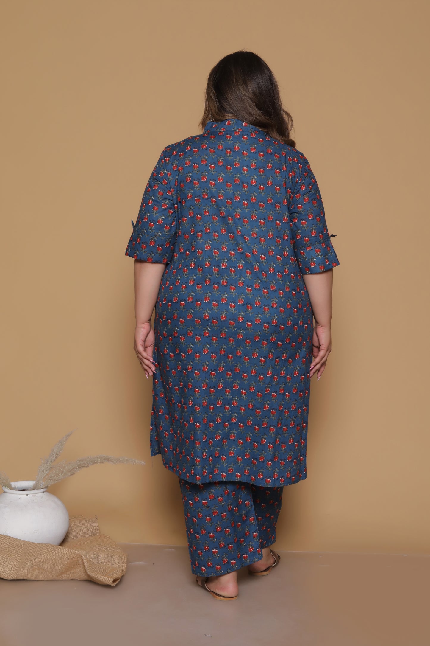 FLORAL BUTA PRINT COTTON 2 PEICE KURTA PANT IN TEALBLUE/RED BY PLUSSIZEKURTI