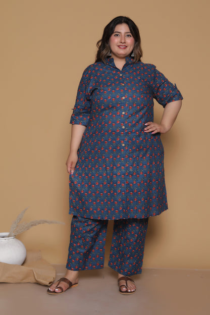 FLORAL BUTA PRINT COTTON 2 PEICE KURTA PANT IN TEALBLUE/RED BY PLUSSIZEKURTI