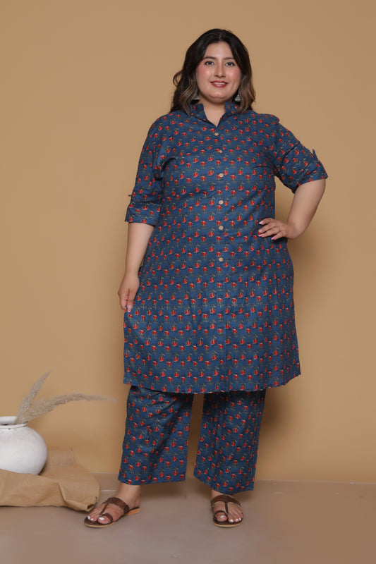 FLORAL BUTA PRINT COTTON 2 PEICE KURTA PANT IN TEALBLUE/RED BY PLUSSIZEKURTI