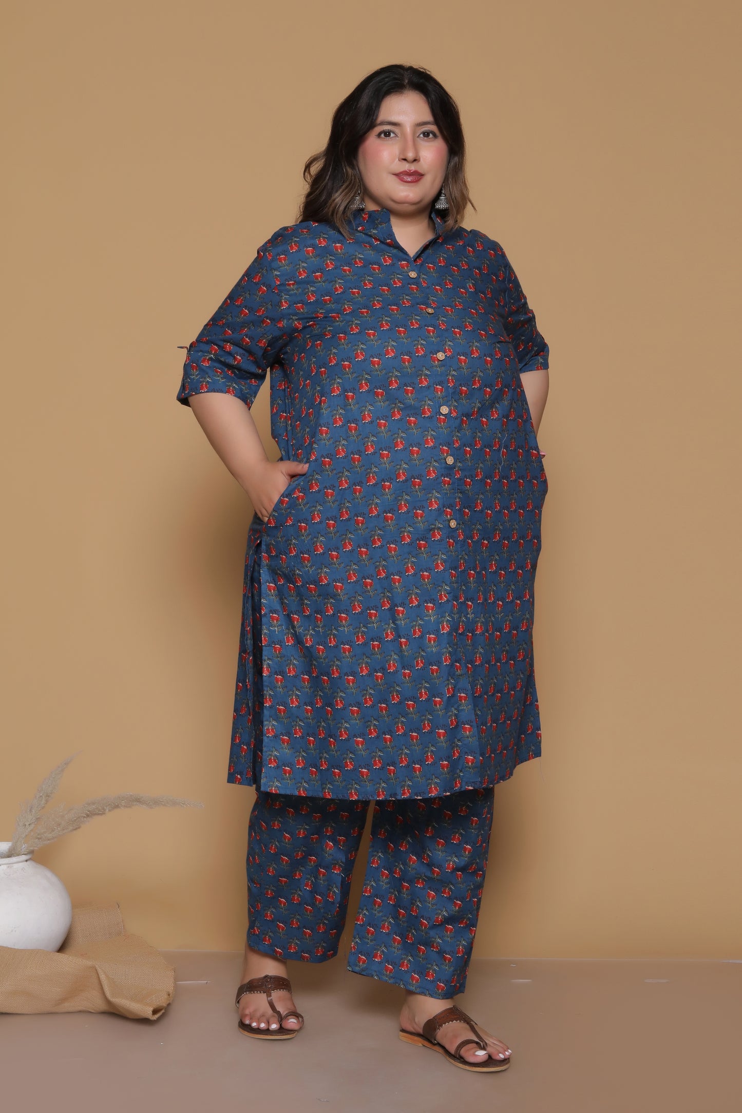 FLORAL BUTA PRINT COTTON 2 PEICE KURTA PANT IN TEALBLUE/RED BY PLUSSIZEKURTI