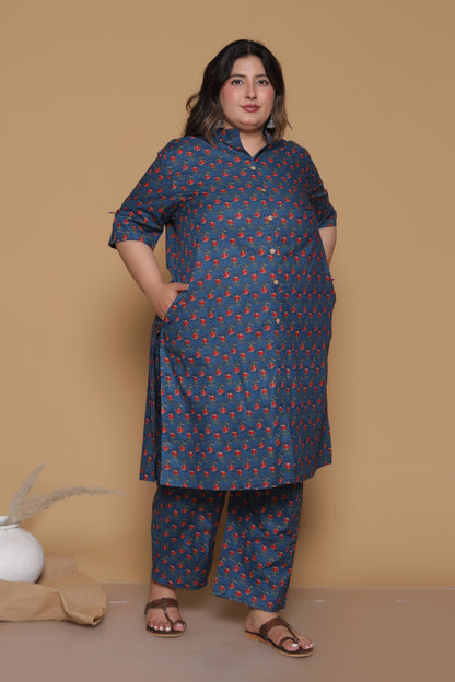 FLORAL BUTA PRINT COTTON 2 PEICE KURTA PANT IN TEALBLUE/RED BY PLUSSIZEKURTI