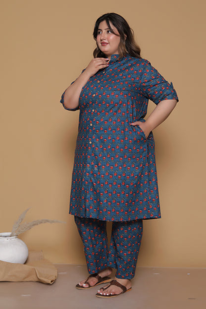 FLORAL BUTA PRINT COTTON 2 PEICE KURTA PANT IN TEALBLUE/RED BY PLUSSIZEKURTI