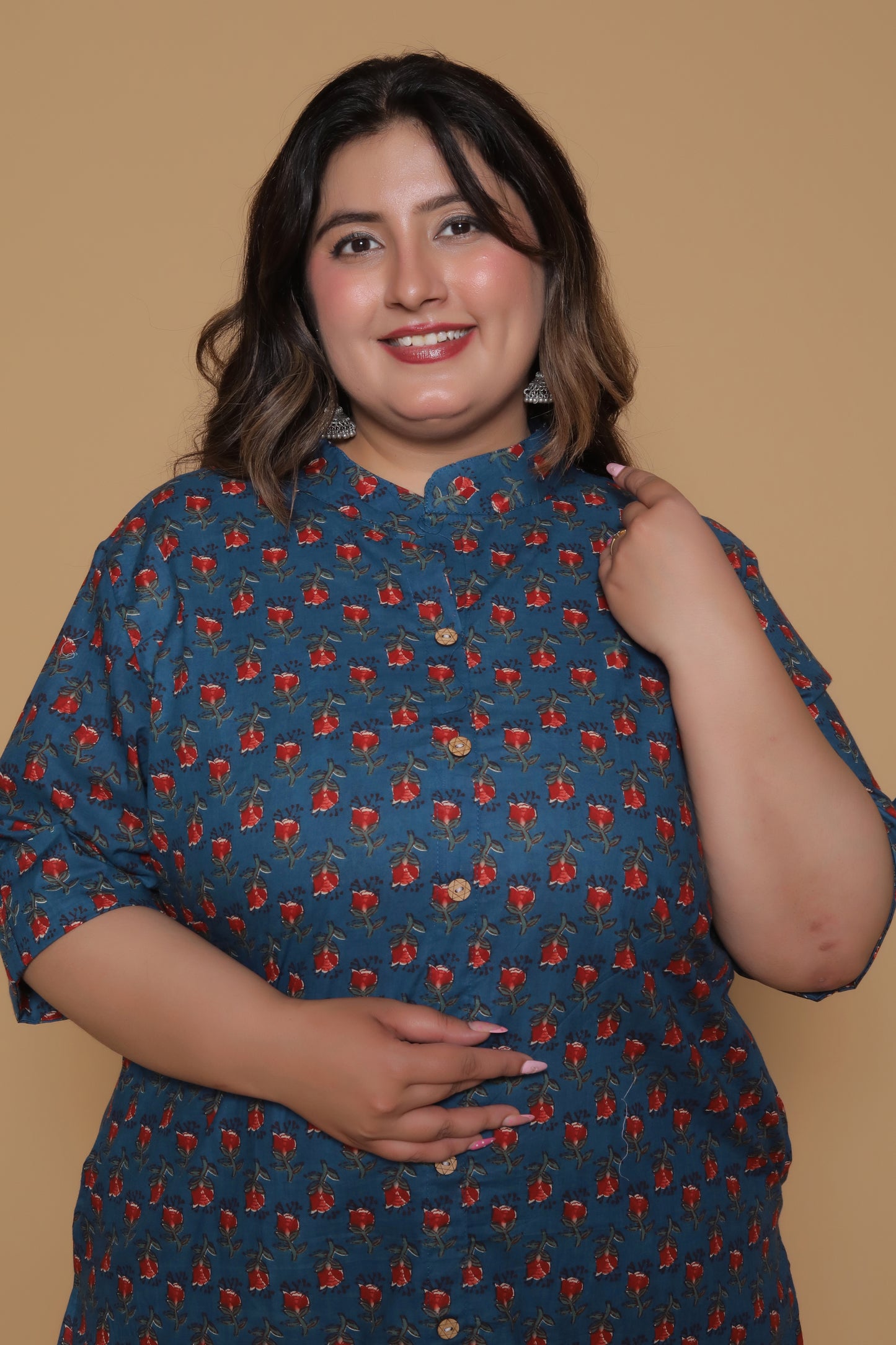 FLORAL BUTA PRINT COTTON 2 PEICE KURTA PANT IN TEALBLUE/RED BY PLUSSIZEKURTI