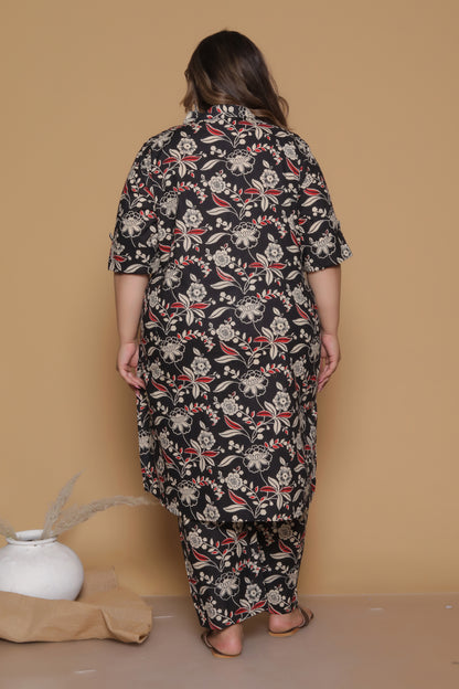 FLORAL INFUSE PRINT COTTON 2 PEICE KURTA PANT IN MUSTURD BLACK BY PLUSSIZEKURTI