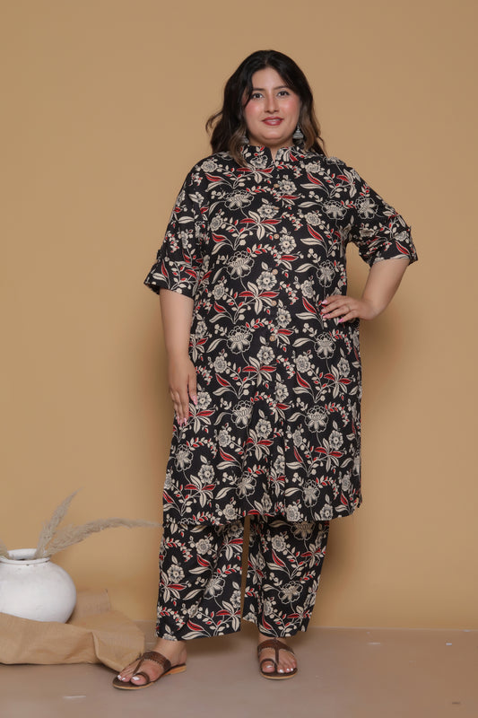 FLORAL INFUSE PRINT COTTON 2 PEICE KURTA PANT IN MUSTURD BLACK BY PLUSSIZEKURTI