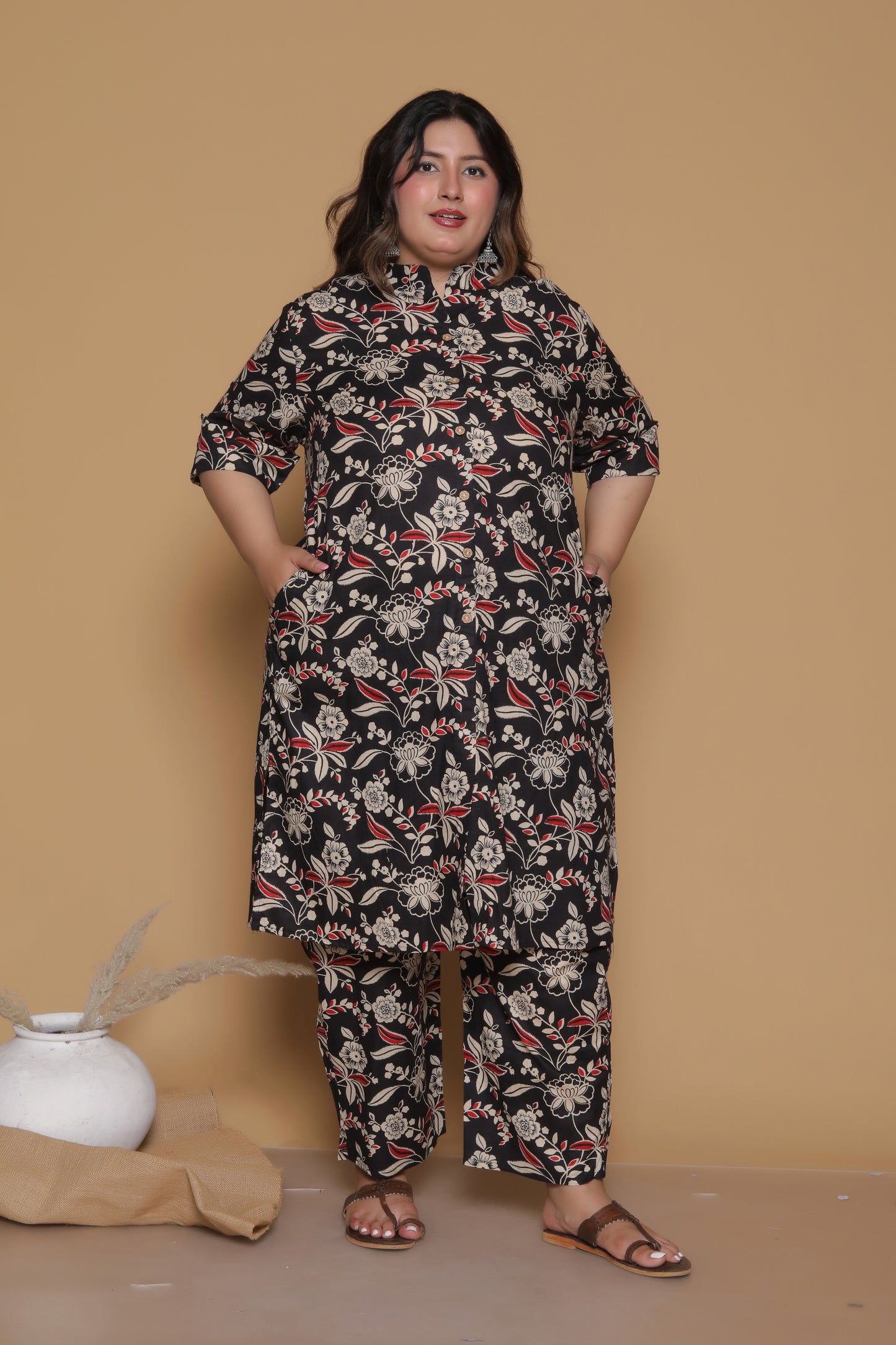 FLORAL INFUSE PRINT COTTON 2 PEICE KURTA PANT IN MUSTURD BLACK BY PLUSSIZEKURTI