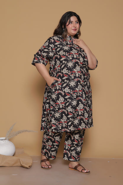 FLORAL INFUSE PRINT COTTON 2 PEICE KURTA PANT IN MUSTURD BLACK BY PLUSSIZEKURTI