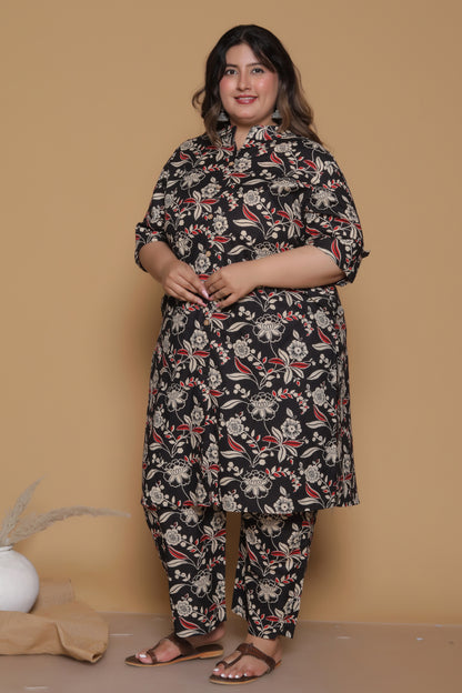 FLORAL INFUSE PRINT COTTON 2 PEICE KURTA PANT IN MUSTURD BLACK BY PLUSSIZEKURTI