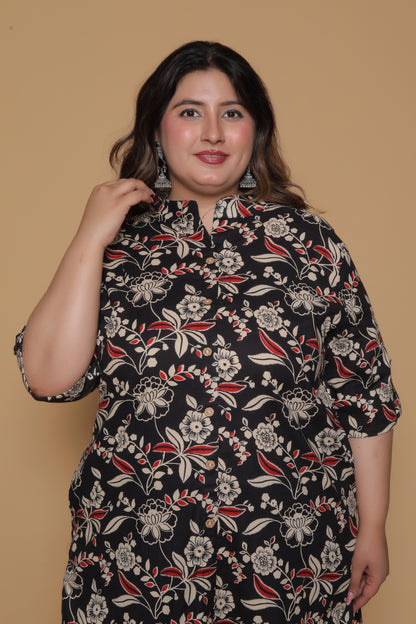 FLORAL INFUSE PRINT COTTON 2 PEICE KURTA PANT IN MUSTURD BLACK BY PLUSSIZEKURTI