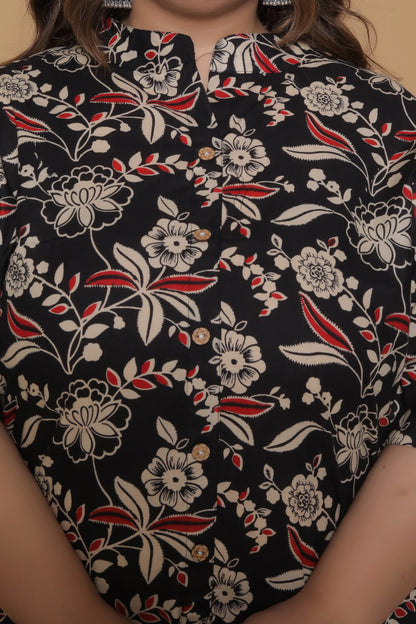 FLORAL INFUSE PRINT COTTON 2 PEICE KURTA PANT IN MUSTURD BLACK BY PLUSSIZEKURTI