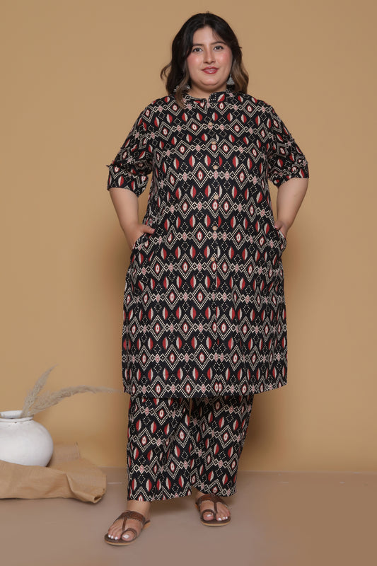 GEOMETRIC IKAT PRINT COTTON 2 PEICE KURTA PANT IN BLACK/RED BY PLUSSIZEKURTI