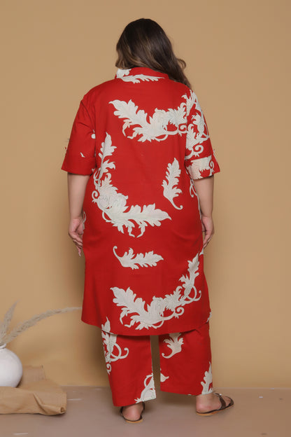 FLORAL VINE PRINT COTTON 2 PEICE KURTA PANT IN RUST RED BY PLUSSIZEKURTI