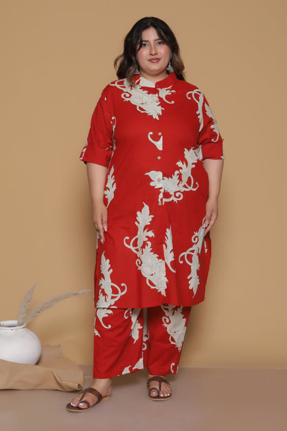 FLORAL VINE PRINT COTTON 2 PEICE KURTA PANT IN RUST RED BY PLUSSIZEKURTI