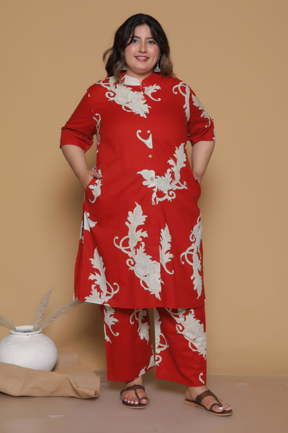 FLORAL VINE PRINT COTTON 2 PEICE KURTA PANT IN RUST RED BY PLUSSIZEKURTI