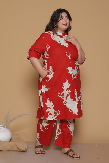 FLORAL VINE PRINT COTTON 2 PEICE KURTA PANT IN RUST RED BY PLUSSIZEKURTI