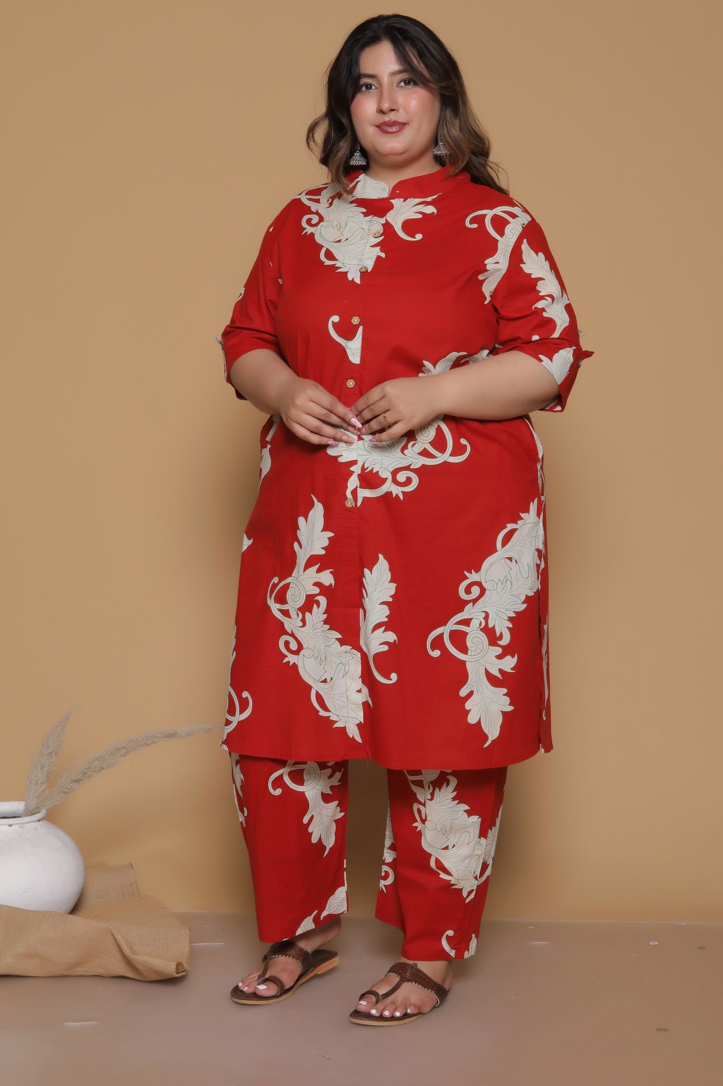 FLORAL VINE PRINT COTTON 2 PEICE KURTA PANT IN RUST RED BY PLUSSIZEKURTI