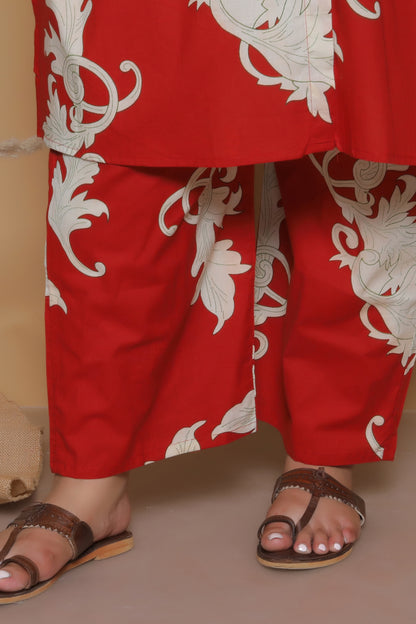 FLORAL VINE PRINT COTTON 2 PEICE KURTA PANT IN RUST RED BY PLUSSIZEKURTI