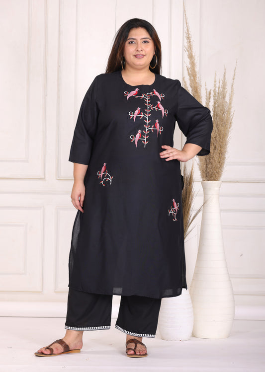 SOLID EMBROIDERED COTTON KURTA PANT SET IN BLACK WITH PINK BIRD MOTIFS BY PLUSSIZEKURTI