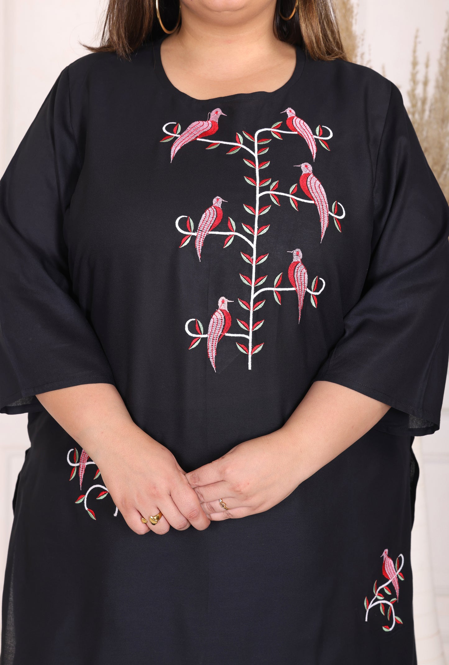 SOLID EMBROIDERED COTTON KURTA PANT SET IN BLACK WITH PINK BIRD MOTIFS BY PLUSSIZEKURTI