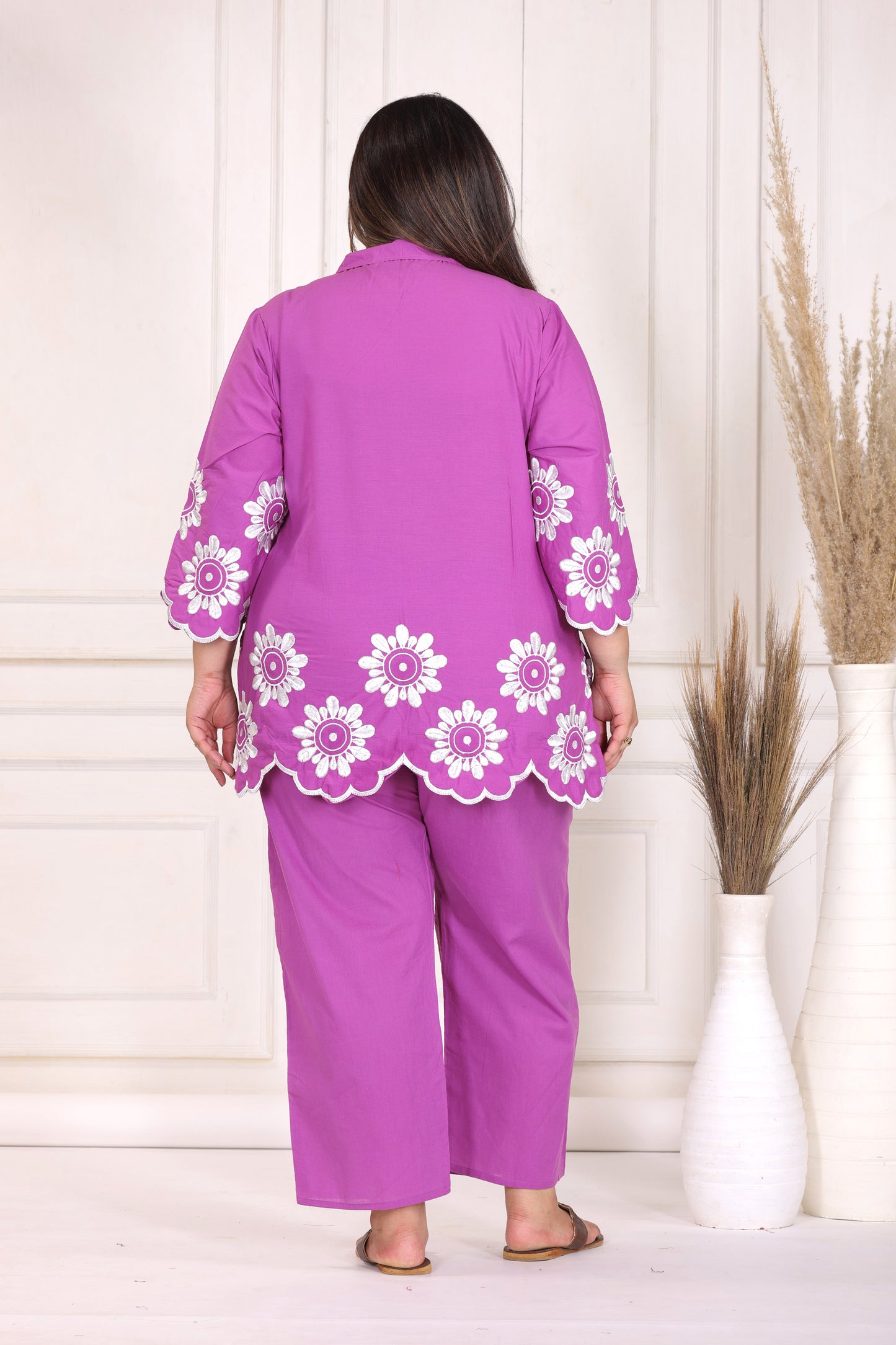 SOLID FLORAL EMBROIDERY COTTON CO-ORD SET IN MAGENTA PINK BY PLUSSIZEKURTI