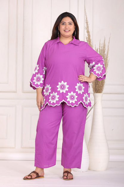 SOLID FLORAL EMBROIDERY COTTON CO-ORD SET IN MAGENTA PINK BY PLUSSIZEKURTI