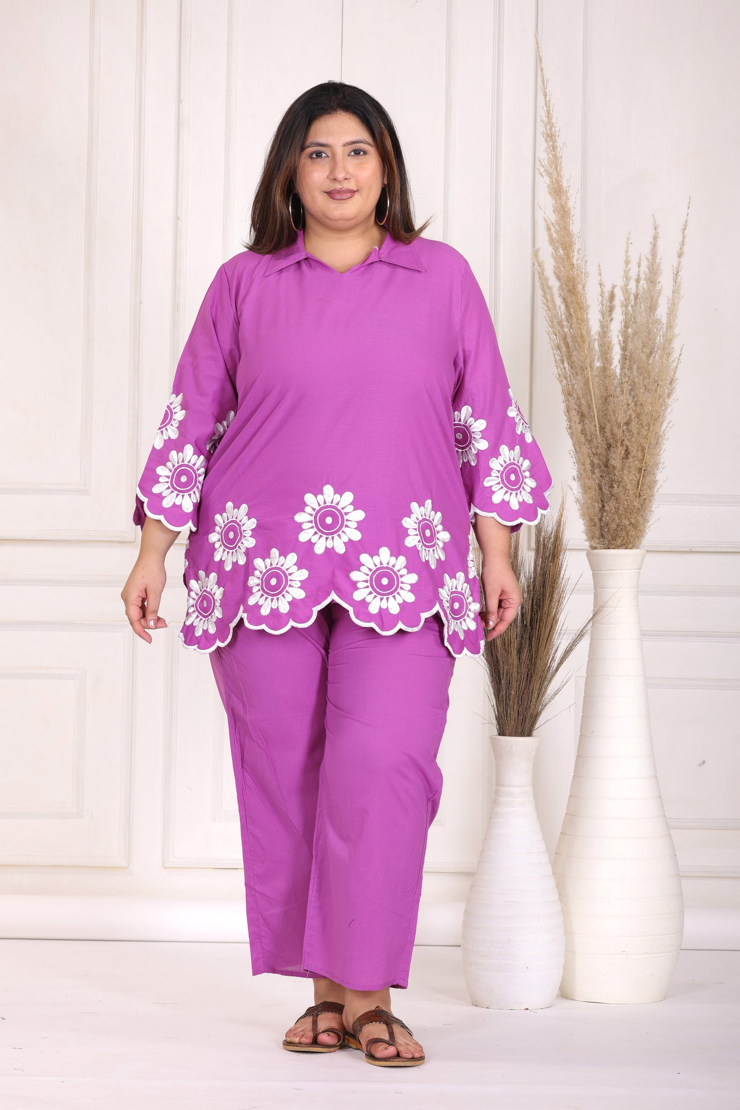 SOLID FLORAL EMBROIDERY COTTON CO-ORD SET IN MAGENTA PINK BY PLUSSIZEKURTI