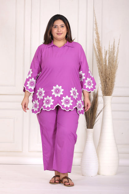 SOLID FLORAL EMBROIDERY COTTON CO-ORD SET IN MAGENTA PINK BY PLUSSIZEKURTI
