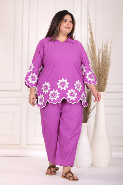 SOLID FLORAL EMBROIDERY COTTON CO-ORD SET IN MAGENTA PINK BY PLUSSIZEKURTI