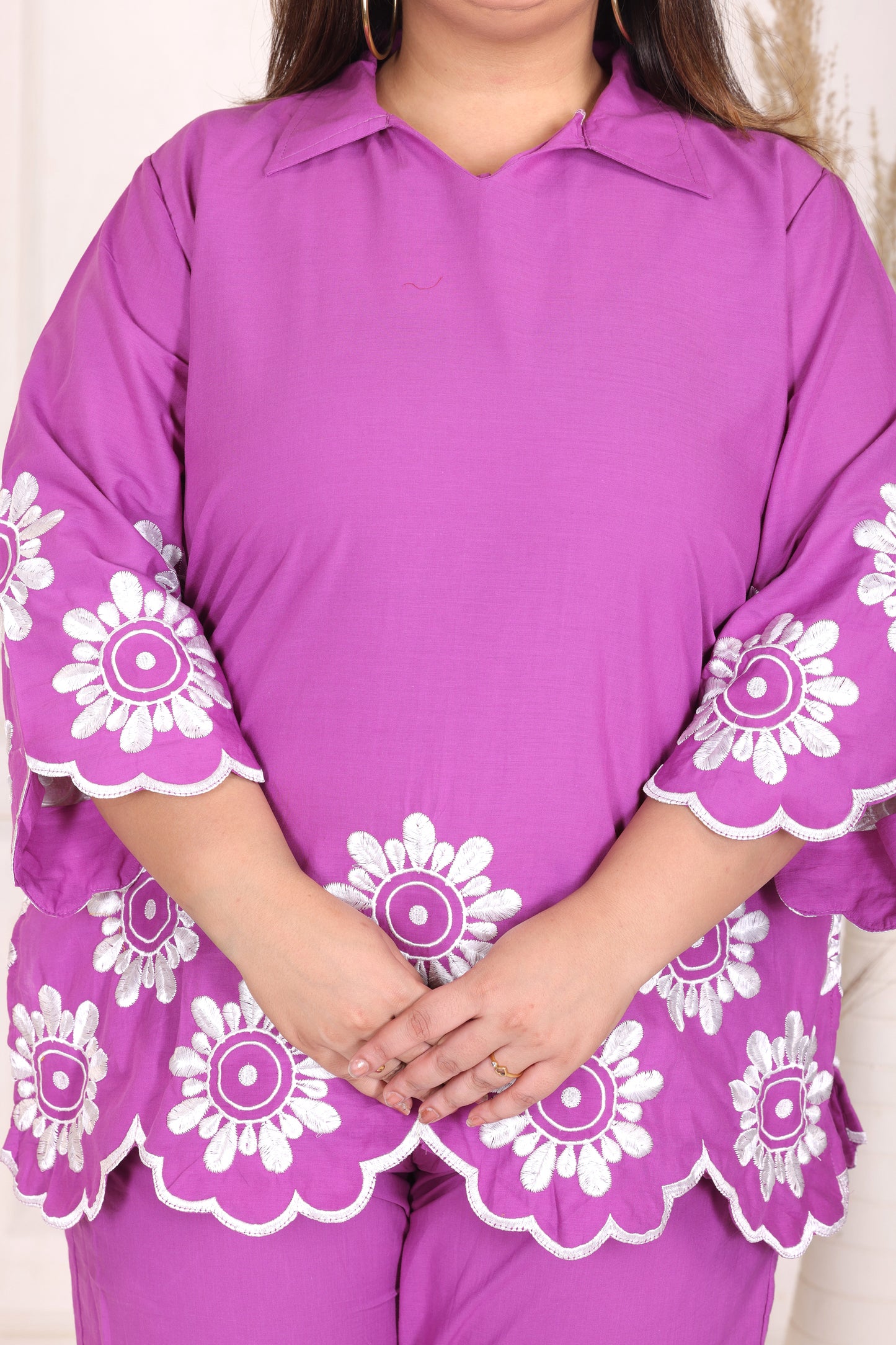 SOLID FLORAL EMBROIDERY COTTON CO-ORD SET IN MAGENTA PINK BY PLUSSIZEKURTI