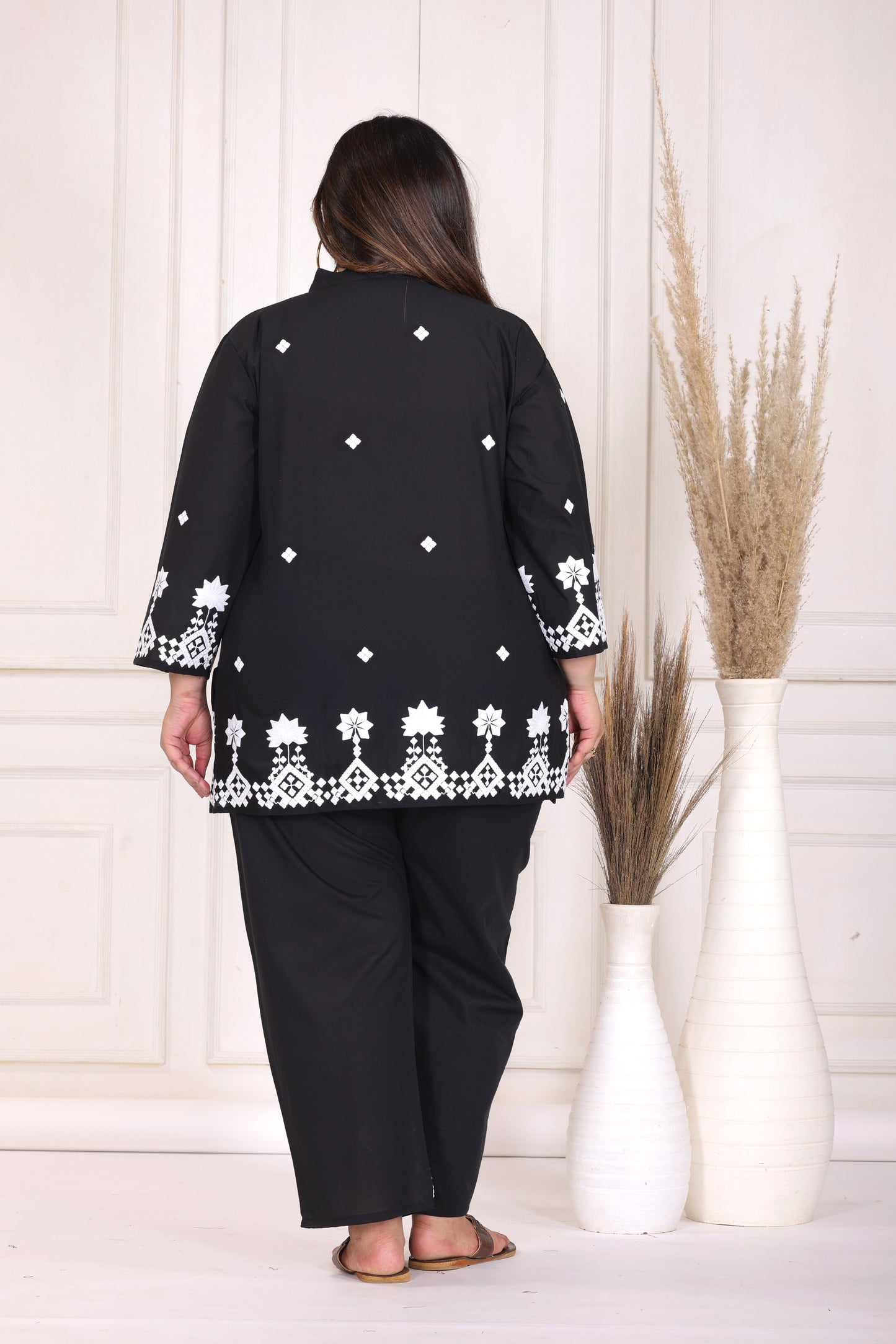 SOLID GEOMETRIC EMBROIDERY COTTON CO-ORD SET IN BLACK BY PLUSSIZEKURTI