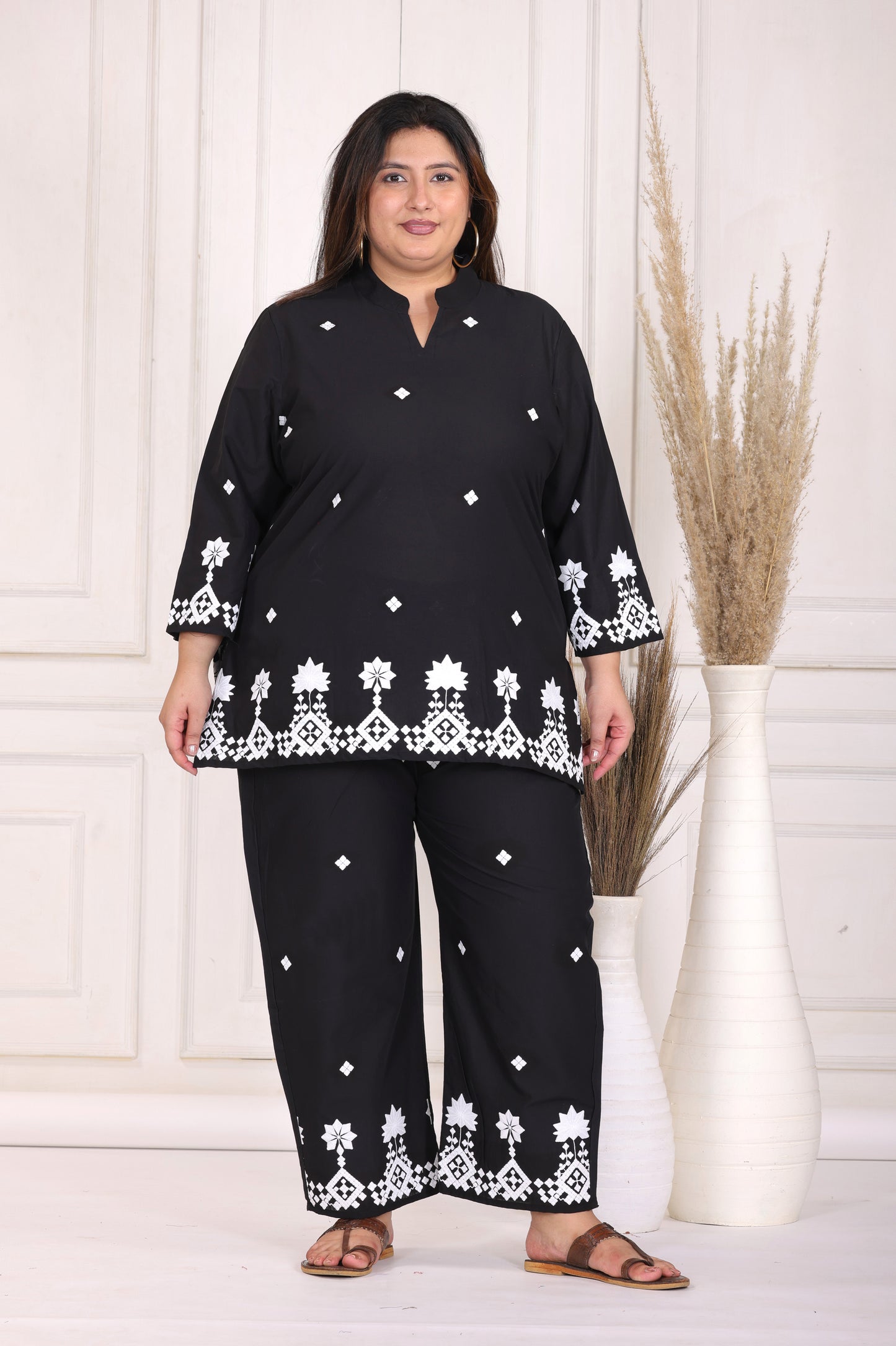SOLID GEOMETRIC EMBROIDERY COTTON CO-ORD SET IN BLACK BY PLUSSIZEKURTI