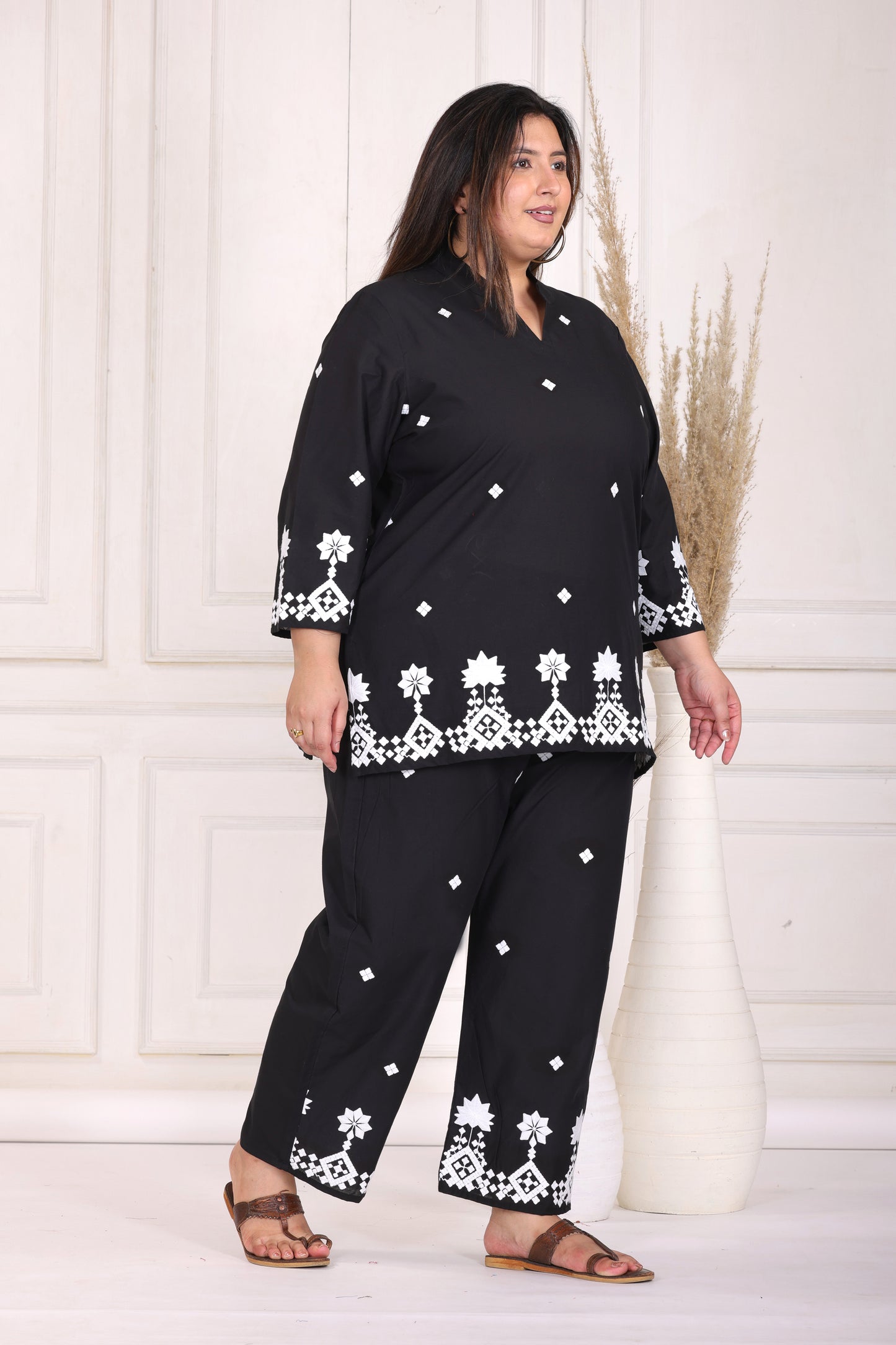 SOLID GEOMETRIC EMBROIDERY COTTON CO-ORD SET IN BLACK BY PLUSSIZEKURTI