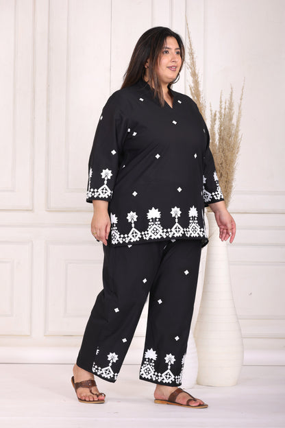 SOLID GEOMETRIC EMBROIDERY COTTON CO-ORD SET IN BLACK BY PLUSSIZEKURTI