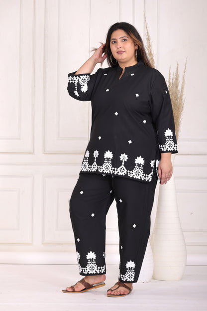 SOLID GEOMETRIC EMBROIDERY COTTON CO-ORD SET IN BLACK BY PLUSSIZEKURTI