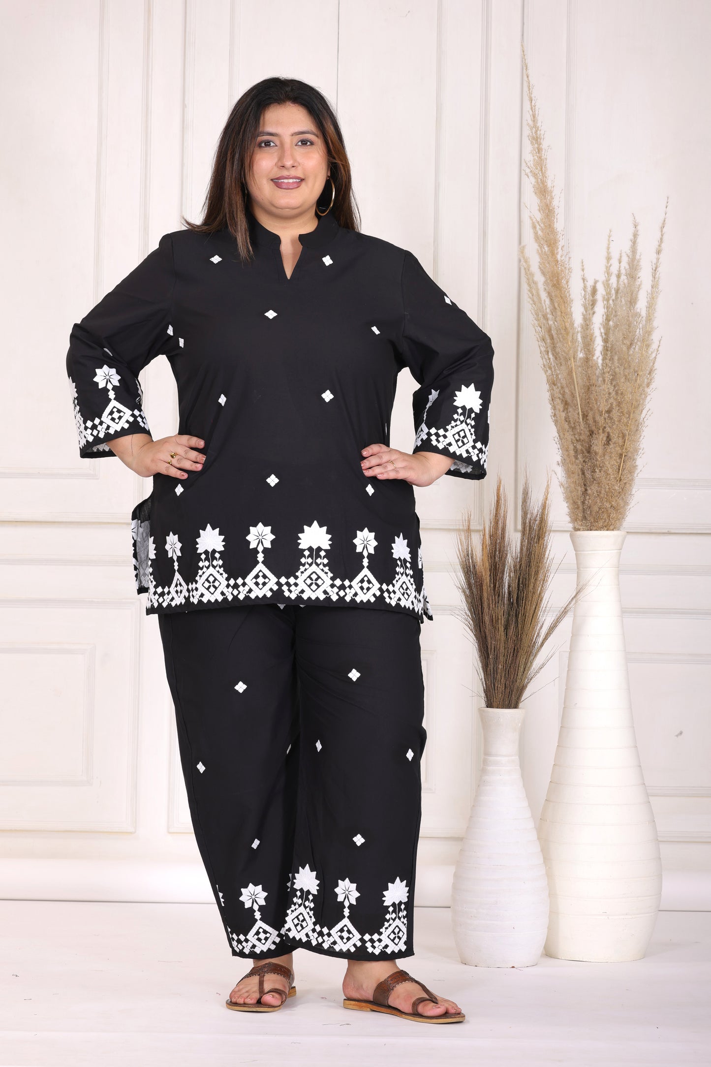 SOLID GEOMETRIC EMBROIDERY COTTON CO-ORD SET IN BLACK BY PLUSSIZEKURTI