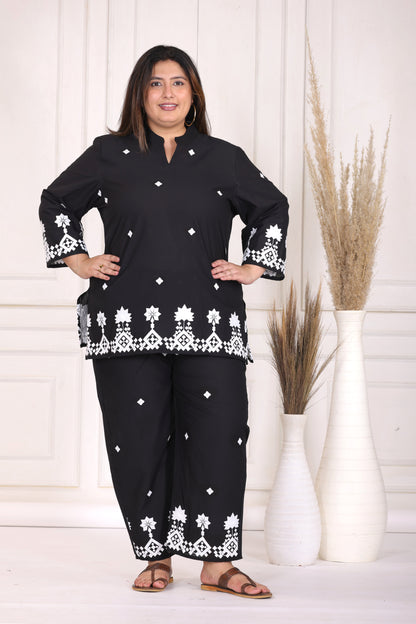 SOLID GEOMETRIC EMBROIDERY COTTON CO-ORD SET IN BLACK BY PLUSSIZEKURTI