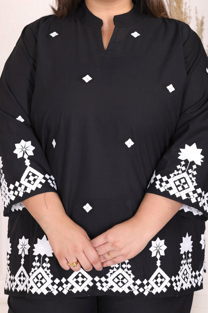 SOLID GEOMETRIC EMBROIDERY COTTON CO-ORD SET IN BLACK BY PLUSSIZEKURTI