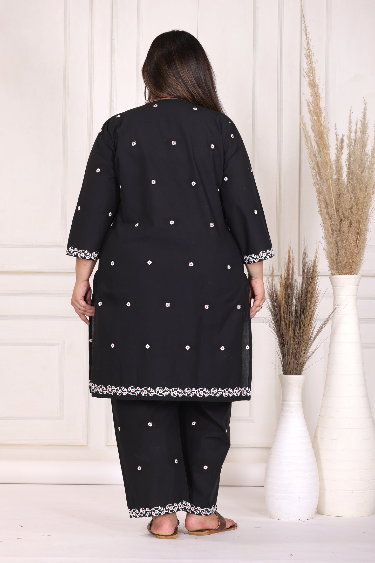 SOLID FLORAL EMBROIDERY COTTON CO-ORD SET IN BLACK BY PLUSSIZEKURTI