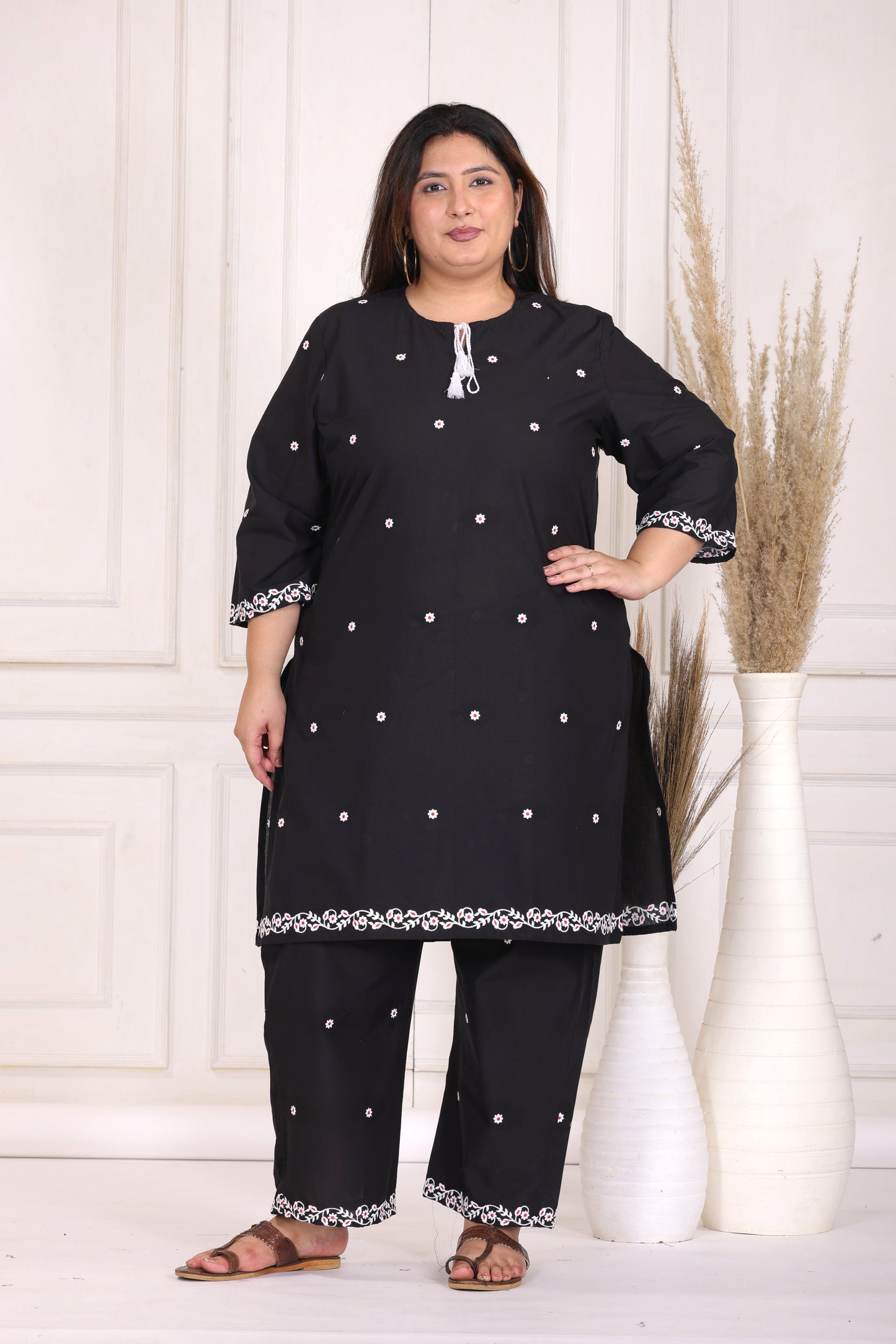 SOLID FLORAL EMBROIDERY COTTON CO-ORD SET IN BLACK BY PLUSSIZEKURTI