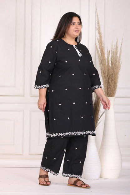 SOLID FLORAL EMBROIDERY COTTON CO-ORD SET IN BLACK BY PLUSSIZEKURTI